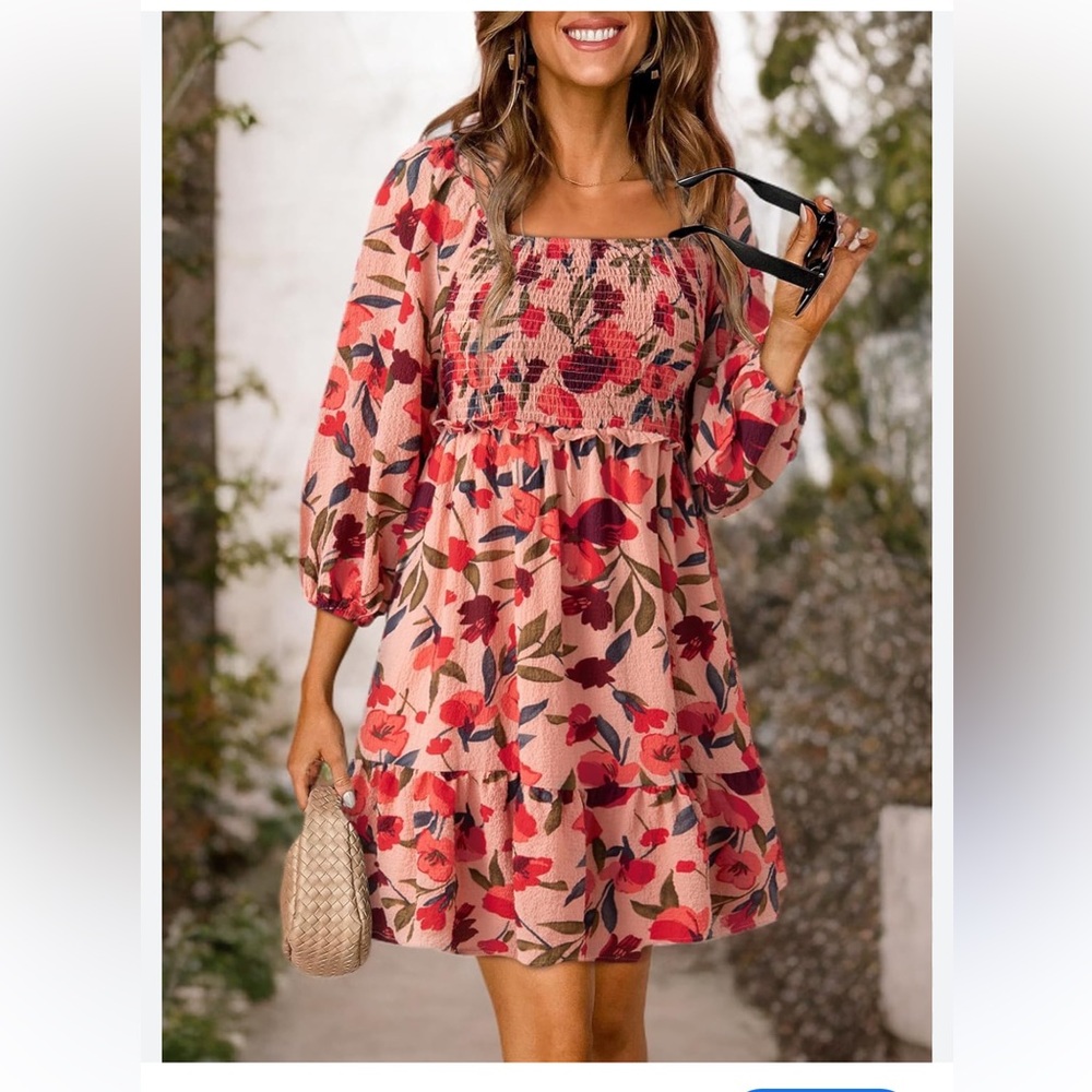 Floral Smocked Square-Neck Long Sleeve Dress - Pink/Red